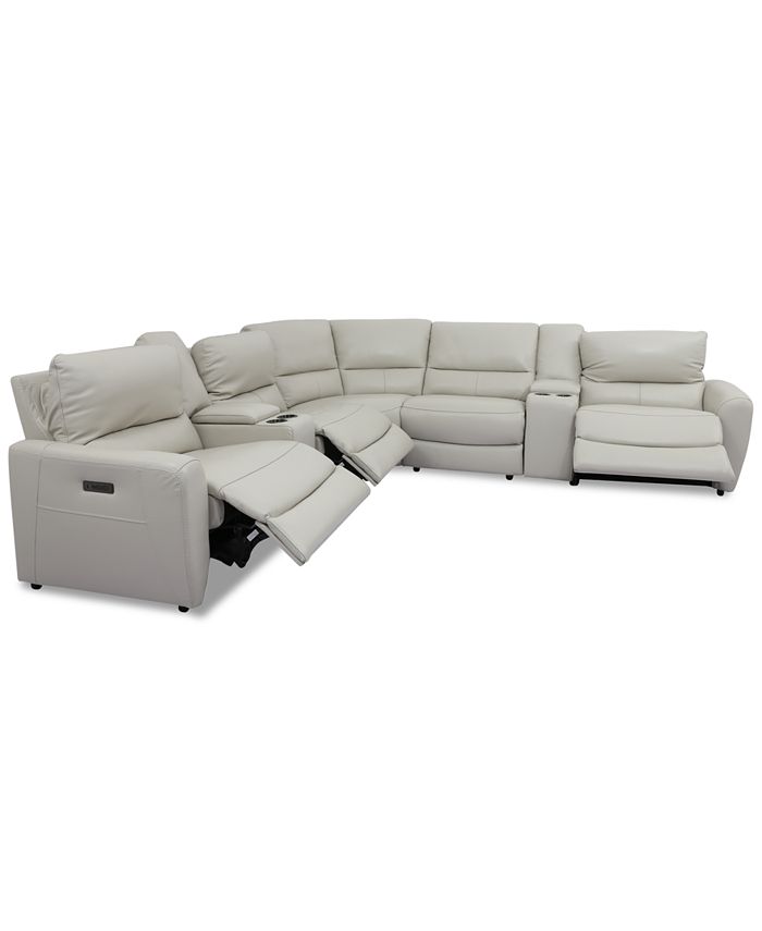 Furniture Danvors 7 Pc Leather Sectional with 3 Power Recliners and 2 USB Consoles