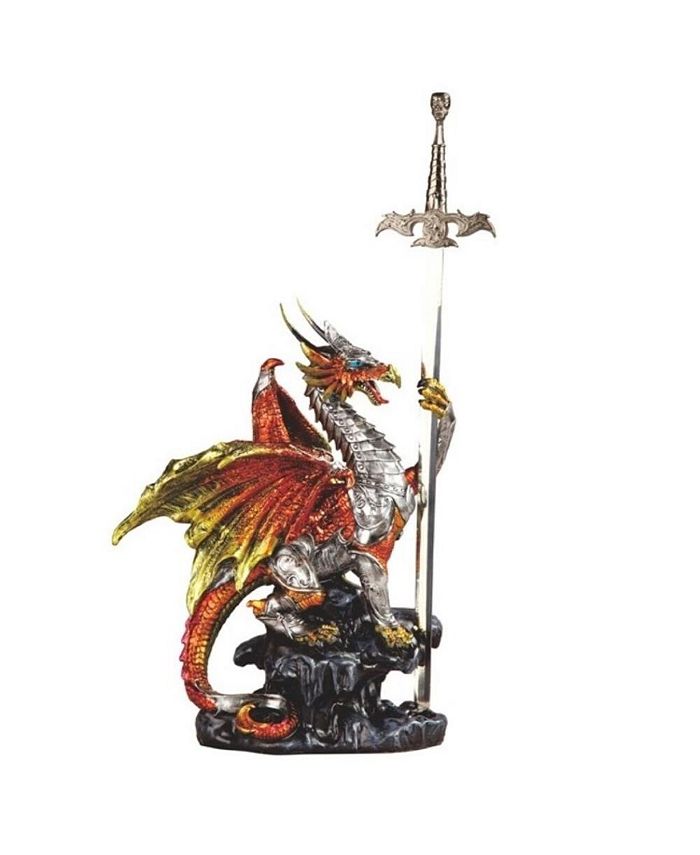 FC Design 18"H Red Dragon with Sword Sitting Statue Fantasy Decoration Figurine