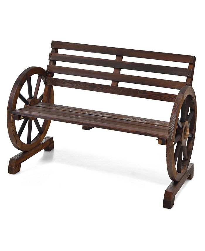 Costway Outdoor Wooden Wagon Wheel Garden Bench 2-Person