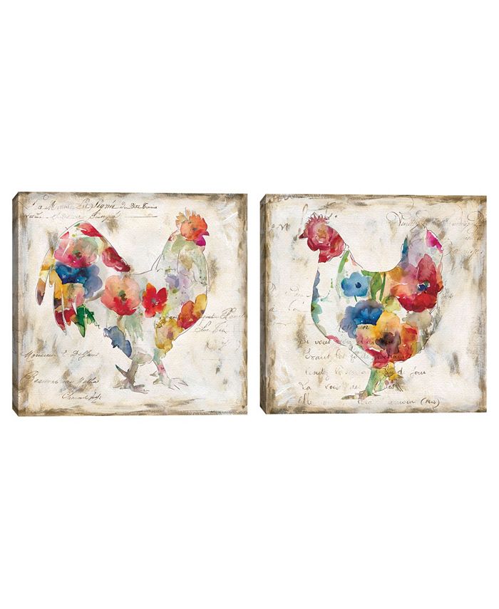 Fine Art Canvas Flowered Hen & Rooster by Carol Robinson Set of Canvas Art Prints