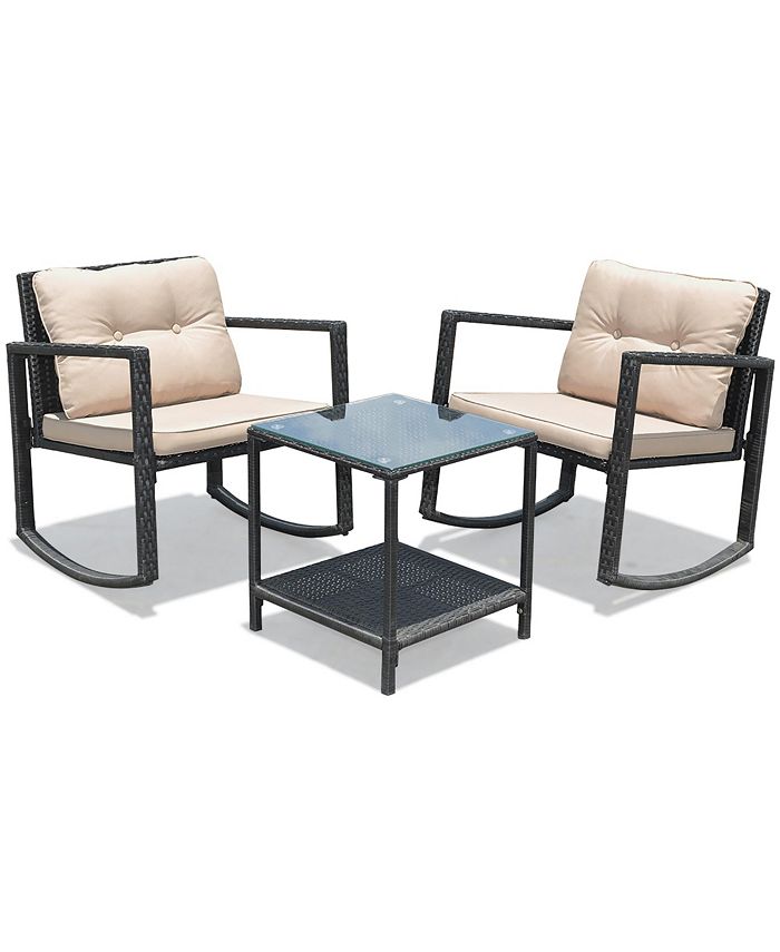 Costway 3PC Patio Rattan Conversation Set Rocking Chair Cushioned