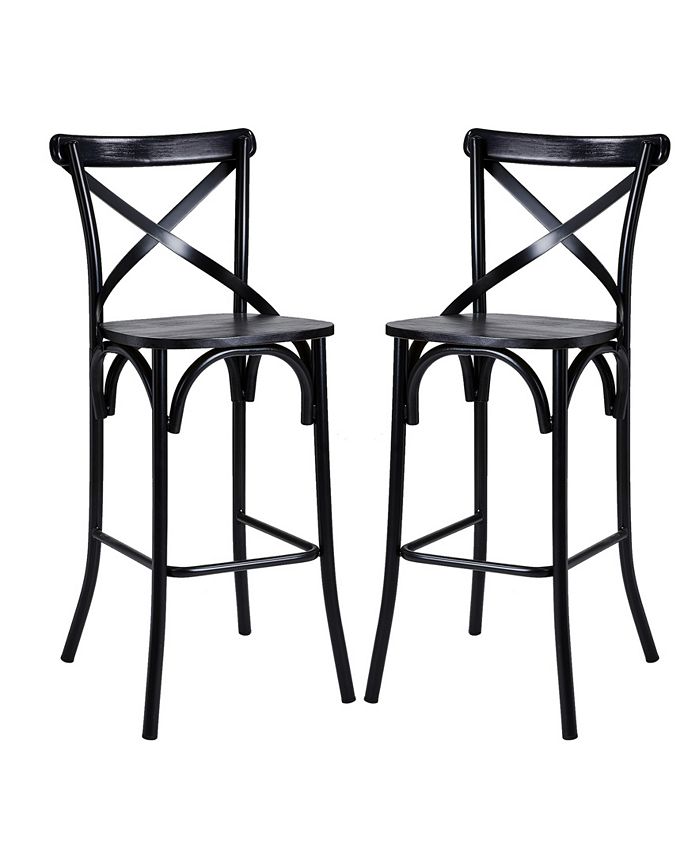 Glitzhome 43" H Steel Bar Stool with Solid Elm Wood Seat and Back Support, Set of 2