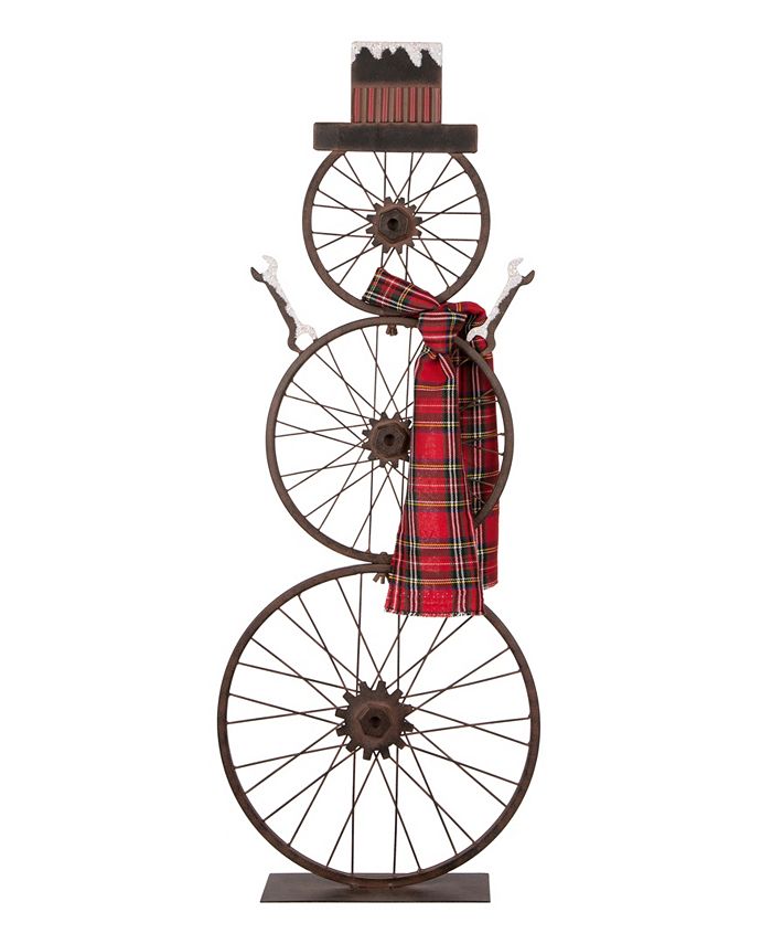 Glitzhome Metal Bike Wheel Snowman with Plaid Scarf Porch Decor KD