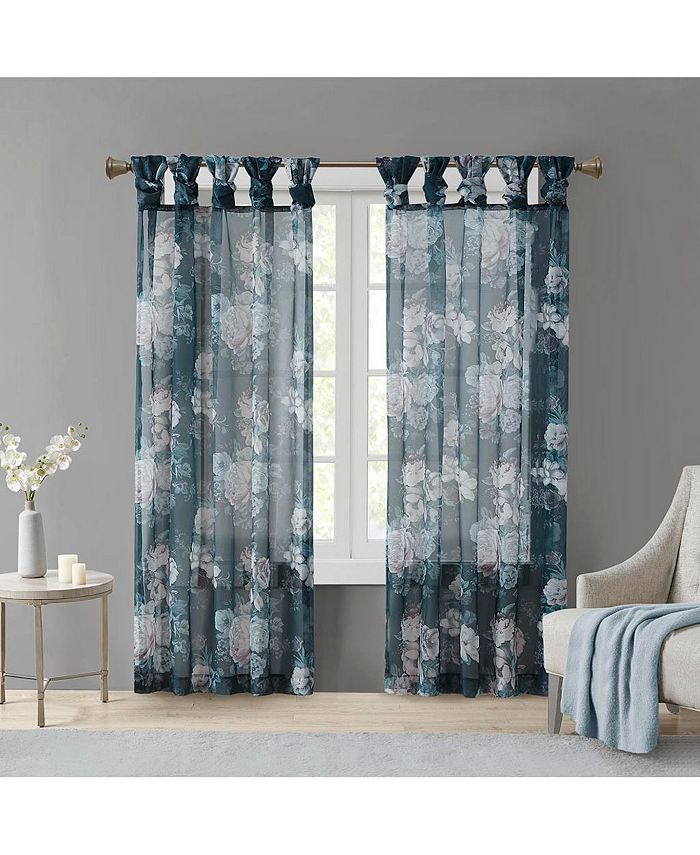 Gracie Mills 1-PC Simone Printed Floral Twist Tab Top Voile Sheer Curtain - 50x84" - Navy