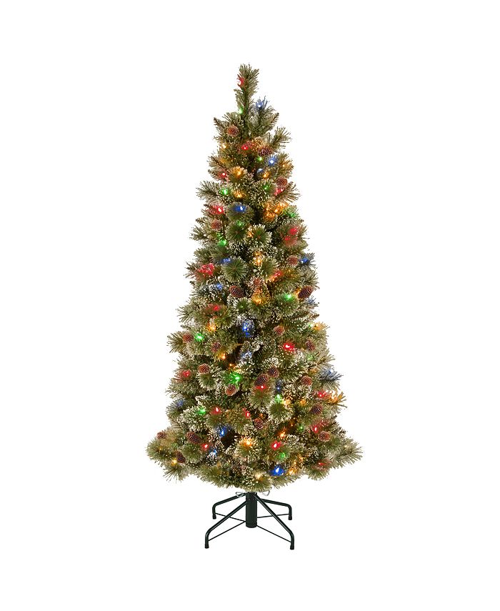 National Tree Company National Tree 5' Glistening Pine Pencil Slim Hinged Tree with Silver Glittered Cones & 150 Multi Lights