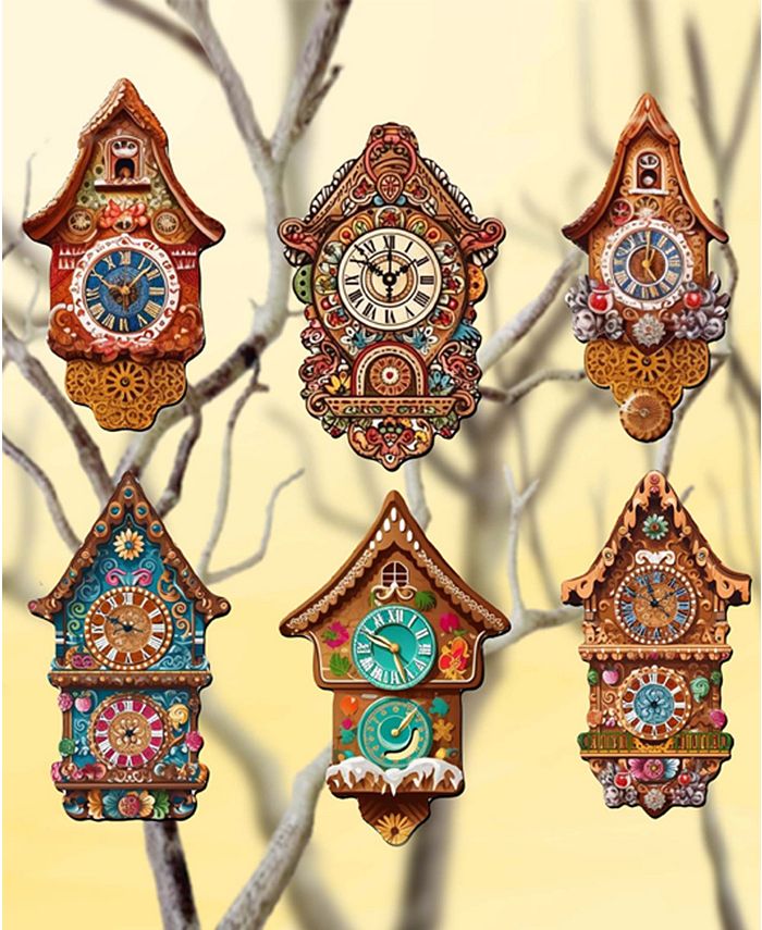 Designocracy Miniature Clock Christmas Wooden Clip-On Ornaments Set of 6 G. DeBrekht