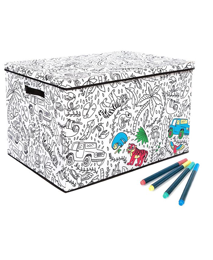 Baum Kid's Coloring Jungle Print Large Lidded Trunk with Removable Divider and 4 Washable Markers Set