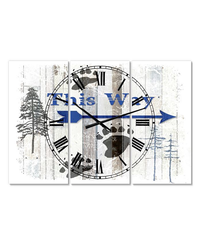 Designart the Blue Moose - This Way II Large Cottage 3 Panels Wall Clock - 23" x 23" x 1"