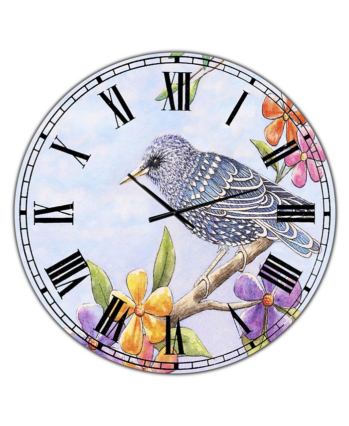 Designart Starling Bird with Flowers Large Cottage Wall Clock - 36 x 36