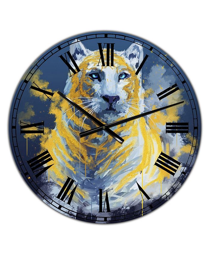 Designart Tiger Spirit in Blue and Gold Oversized Fashion Wall Clock - 38" x 38" x 1"