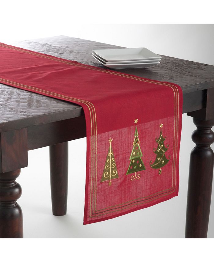 Saro Lifestyle Embroidered Christmas Tree Design Red Polyester 70X16-Inches Table Runner