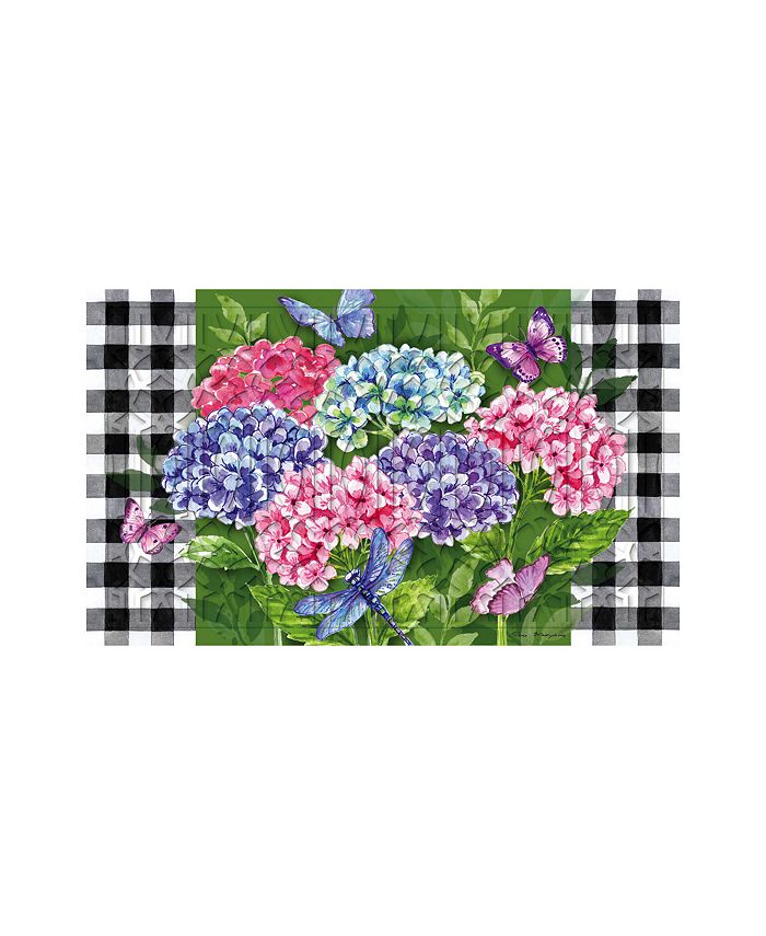 Evergreen Hydrangea Checks Embossed Indoor Outdoor Doormat 18 x 30 Green