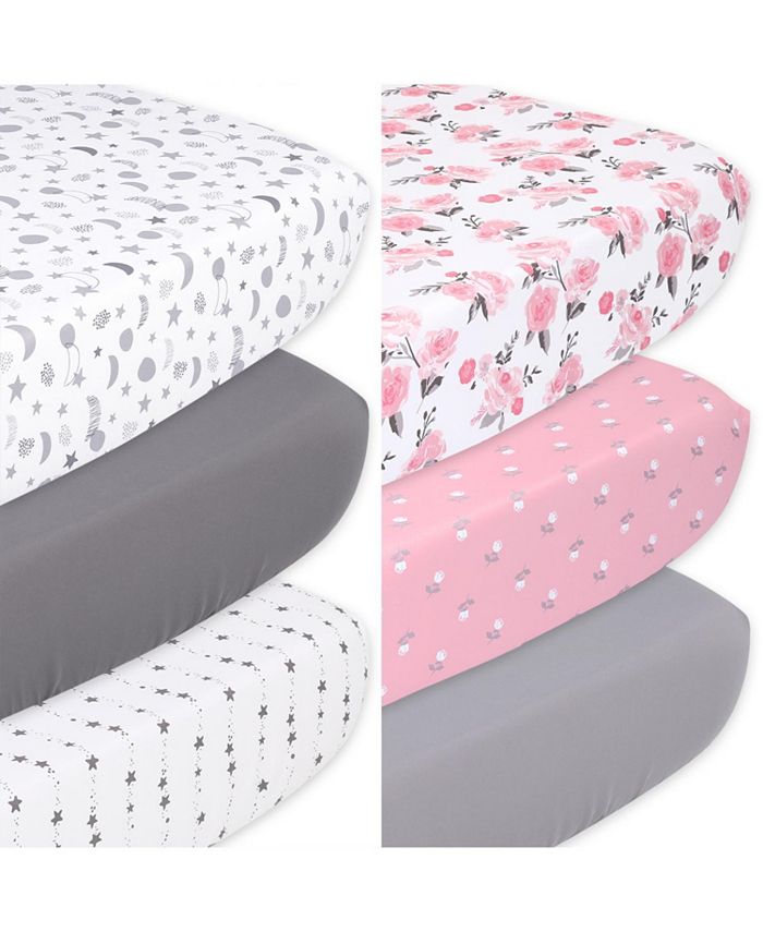 The Peanutshell Celestial Stars, Pink Rose and Floral Fitted Crib Sheets for Girls, 6-Pack Set, Grey, Pink