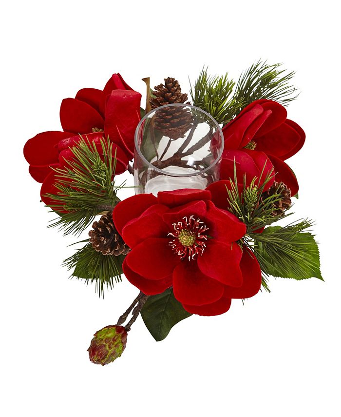 Nearly Natural Red Magnolia and Pine Candelabrum
