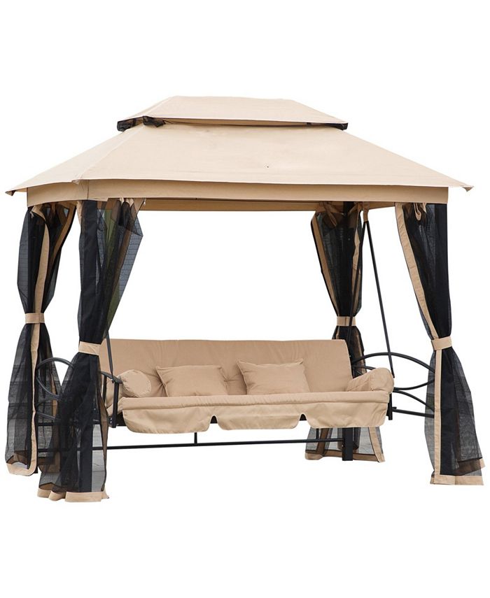 Outsunny 3 Person Patio Swing Chair, Gazebo Swing with Double Tier Canopy, Cushioned Seat, Mesh Sidewalls, Beige