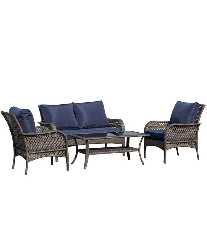 Outsunny 4-Piece Outdoor Wicker Sofa Set, Outdoor PE Rattan Conversation Furniture with 4 Chairs & Table, Water-Fighting Material, Blue