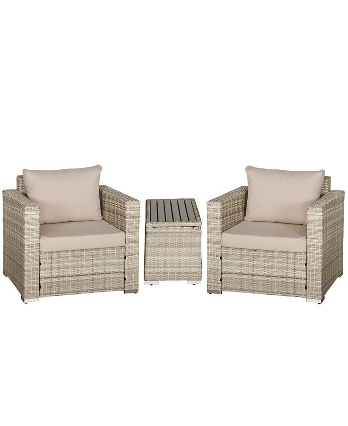 Outsunny 3-Piece PE Rattan Wicker Sofa Sets Outdoor Armchair Sofa Furniture Set w/ Plastic Wood Grain Side Table and Washable Cushions, Grey