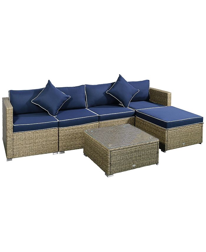 Outsunny 6 Pieces Patio Furniture Sets Outdoor Wicker Conversation Sets All Weather PE Rattan Sectional sofa set with Ottoman, Cushions & Tempered Glass Desktop, Yellow / Navy Blue
