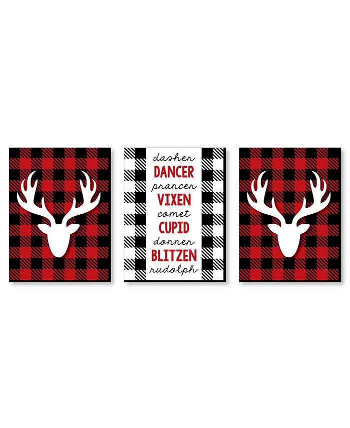 Big Dot of Happiness Prancing Plaid - Wall Art Buffalo Plaid Christmas Decor - 7.5 x 10 - Set of 3