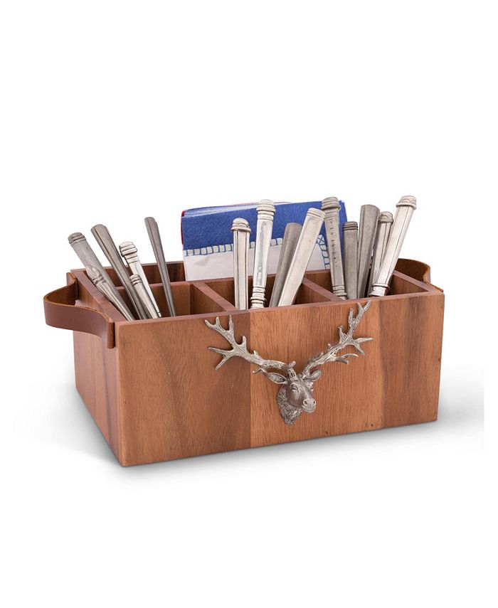Vagabond House Caddy Rectangle Acacia Wood Flatware, Serve Ware, Utensil, Carry-All Holder with Solid Pewter Rustic Elk Head Accent and Real Leather Handles