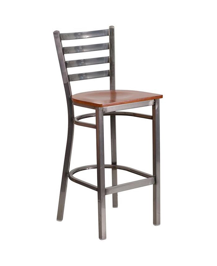 Offex Clear Coated Ladder Back Metal Restaurant Barstool - Cherry Wood Seat