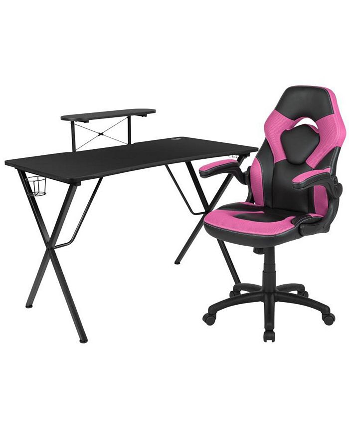 Offex Black Gaming Desk and Pink/Black Racing Chair Set with Cup Holder, Headphone Hook, and Monitor/Smartphone Stand