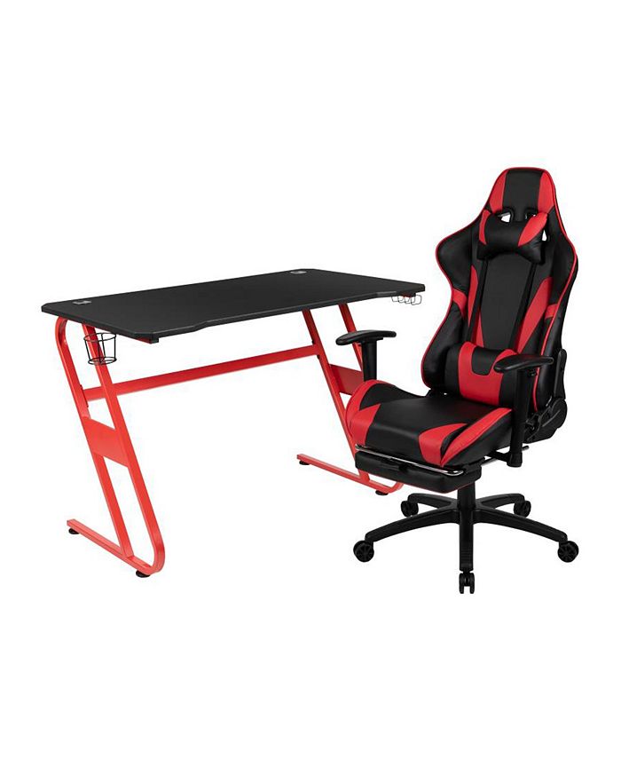 Offex Red Gaming Desk and Red/Black Footrest Reclining Gaming Chair Set with Cup Holder and Headphone Hook