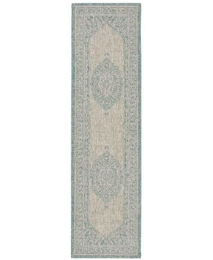 Safavieh Courtyard Light Grey and Aqua 2'3" x 12' Sisal Weave Runner Outdoor Area Rug